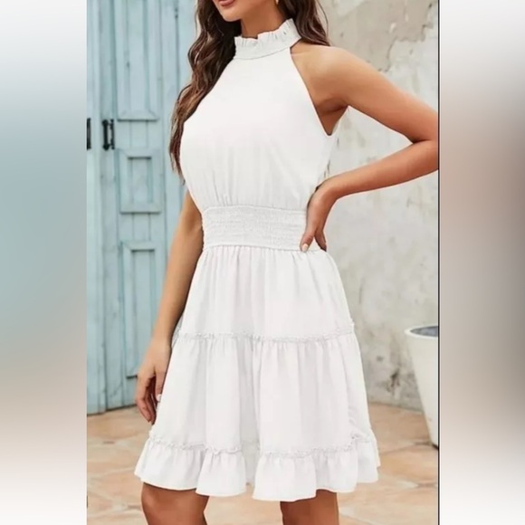 merokeety Dresses & Skirts - 56 MEROKEETY Halter Neck Sleeveless Floral Mini Dress white NWT size large